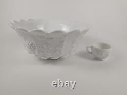 Westmoreland Milk Glass Paneled Grape Punch Bowl with Cup Vintage USA