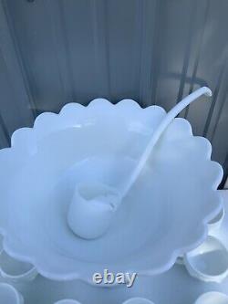 Westmoreland Milk Glass Paneled Grape Vine Punch Bowl Set Cups Ladle Pedestal