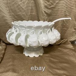 Westmoreland Milk Glass Punch Bowl With Stand 12 Cups & Ladle Grapes