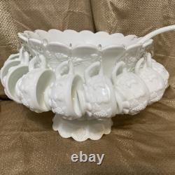 Westmoreland Milk Glass Punch Bowl With Stand 12 Cups & Ladle Grapes