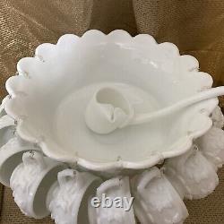 Westmoreland Milk Glass Punch Bowl With Stand 12 Cups & Ladle Grapes
