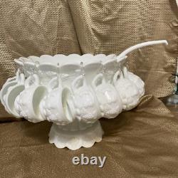 Westmoreland Milk Glass Punch Bowl With Stand 12 Cups & Ladle Grapes