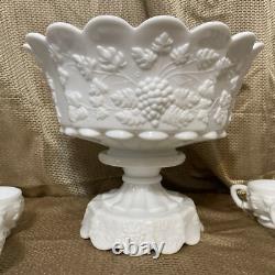 Westmoreland Milk Glass Punch Bowl With Stand 12 Cups & Ladle Grapes