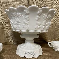 Westmoreland Milk Glass Punch Bowl With Stand 12 Cups & Ladle Grapes