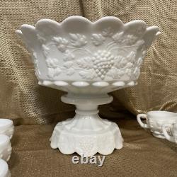 Westmoreland Milk Glass Punch Bowl With Stand 12 Cups & Ladle Grapes