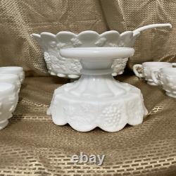 Westmoreland Milk Glass Punch Bowl With Stand 12 Cups & Ladle Grapes