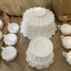 Westmoreland Milk Glass Punch Bowl With Stand 12 Cups & Ladle Grapes