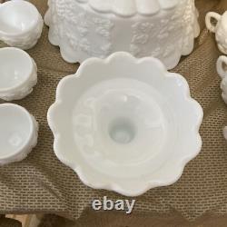 Westmoreland Milk Glass Punch Bowl With Stand 12 Cups & Ladle Grapes