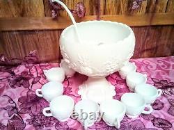 Westmoreland Milk Glass Punch Bowl with Matching Cups, Pedestal & Glass Ladle