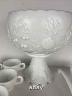 Westmoreland Milk Glass Three Fruits Punch Bowl Set with 12 Cups & Ladle White