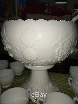 Westmoreland Milkglass Punch Bowl, Pedestal Base with 14 Cups and Ladle-Grape