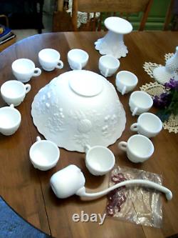 Westmoreland Milkglass THREE FRUITS punch bowl set bowl base ladle 12 cups hooks