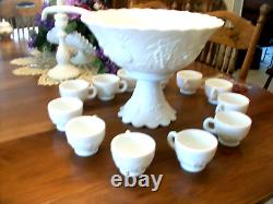 Westmoreland Milkglass THREE FRUITS punch bowl set bowl base ladle 12 cups hooks