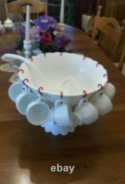 Westmoreland Milkglass THREE FRUITS punch bowl set bowl base ladle 12 cups hooks