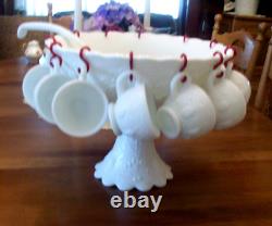 Westmoreland Milkglass THREE FRUITS punch bowl set bowl base ladle 12 cups hooks