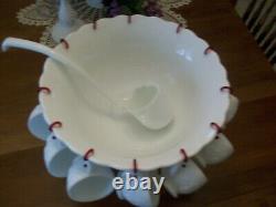 Westmoreland Milkglass THREE FRUITS punch bowl set bowl base ladle 12 cups hooks