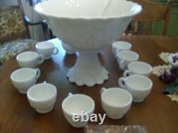 Westmoreland Milkglass THREE FRUITS punch bowl set bowl base ladle 12 cups hooks