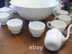 Westmoreland Milkglass THREE FRUITS punch bowl set bowl base ladle 12 cups hooks