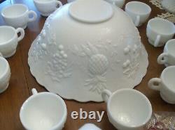 Westmoreland Milkglass THREE FRUITS punch bowl set bowl base ladle 12 cups hooks