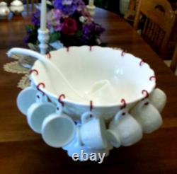 Westmoreland Milkglass THREE FRUITS punch bowl set bowl base ladle 12 cups hooks