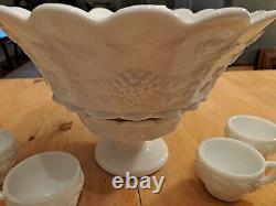 Westmoreland Paneled Grape Milk Glass Punch Bowl & Stand with 12 Cups & Ladle