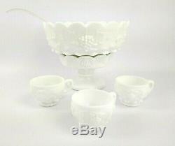 Westmoreland Paneled Grape White Milk Glass Punch Bowl 17 Cups Excellent Vintage