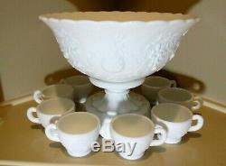Westmoreland Punch Bowl Set 8 Cups Base Fruit Milk Glass Elegant White EUC #N34
