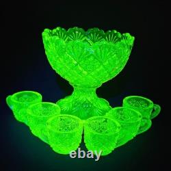 Westmoreland Vaseline Glass Fan & File Mini Punch Bowl Set 6 Cups GLOWS Yellow