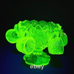 Westmoreland Vaseline Glass Fan & File Mini Punch Bowl Set 6 Cups GLOWS Yellow