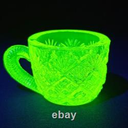Westmoreland Vaseline Glass Fan & File Mini Punch Bowl Set 6 Cups GLOWS Yellow