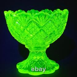 Westmoreland Vaseline Glass Fan & File Mini Punch Bowl Set 6 Cups GLOWS Yellow