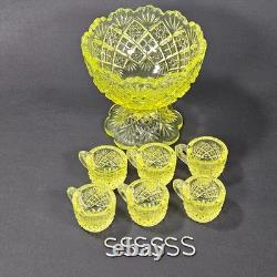 Westmoreland Vaseline Glass Fan & File Mini Punch Bowl Set 6 Cups GLOWS Yellow