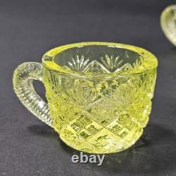 Westmoreland Vaseline Glass Fan & File Mini Punch Bowl Set 6 Cups GLOWS Yellow