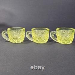 Westmoreland Vaseline Glass Fan & File Mini Punch Bowl Set 6 Cups GLOWS Yellow