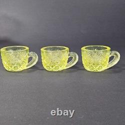 Westmoreland Vaseline Glass Fan & File Mini Punch Bowl Set 6 Cups GLOWS Yellow