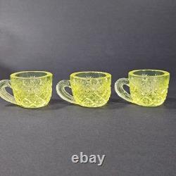 Westmoreland Vaseline Glass Fan & File Mini Punch Bowl Set 6 Cups GLOWS Yellow