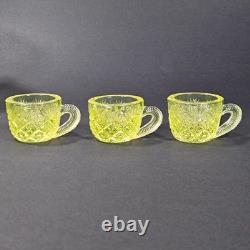Westmoreland Vaseline Glass Fan & File Mini Punch Bowl Set 6 Cups GLOWS Yellow