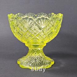 Westmoreland Vaseline Glass Fan & File Mini Punch Bowl Set 6 Cups GLOWS Yellow