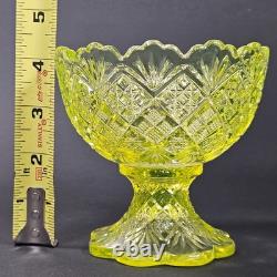 Westmoreland Vaseline Glass Fan & File Mini Punch Bowl Set 6 Cups GLOWS Yellow
