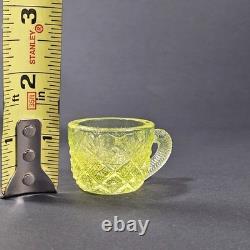 Westmoreland Vaseline Glass Fan & File Mini Punch Bowl Set 6 Cups GLOWS Yellow