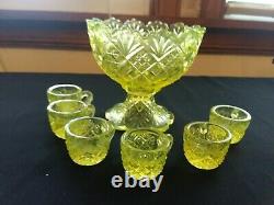 Westmoreland Vaseline Glass Mini Punch Bowl Set Of 6 Cups Excellent