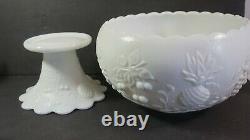 Westmoreland White Milk Glass Punch Bowl Set 12 Cups Grapes Cherry Pineapple