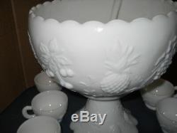 White Westmoreland Glass Three Fruits Punch Bowl Set 15 Cups & Ladle