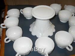 White Westmoreland Glass Three Fruits Punch Bowl Set 15 Cups & Ladle