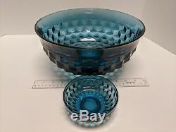 Whitehall Colony Riviera Blue Indiana Glass Cubed Blue Aqua Punch Bowl Rare