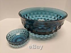 Whitehall Colony Riviera Blue Indiana Glass Cubed Blue Aqua Punch Bowl Rare