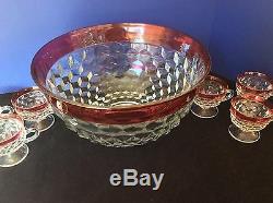 Whitehall Ruby Red Diamond Point Glass Punch Bowl Wine Holder & 6 Cups No Ladle