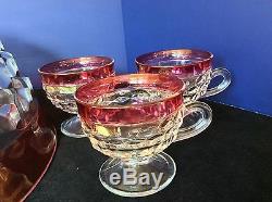 Whitehall Ruby Red Diamond Point Glass Punch Bowl Wine Holder & 6 Cups No Ladle