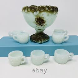 Wild Rose Punch Bowl Set Green Jadite Milk Glass 7 Cups Toy Childs EAPG Antique