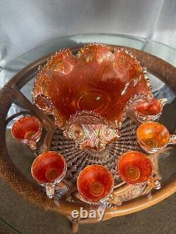 Wow! Vintage 1910s Imperial Glass Company-Ohio Fashion Marigold Punch Bowl Set